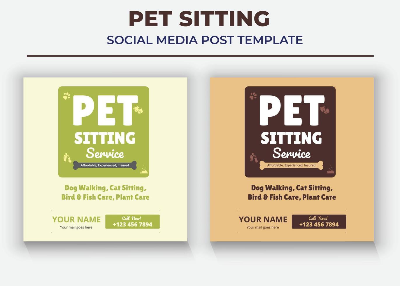 sociale media postsjabloon voor dierenverzorging, social media postsjabloon voor huisdierenoppas, poster voor huisdierenuitlaters vector