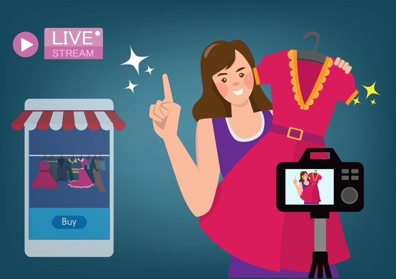 vrouwelijk karakter, streaming schepper home video blogger mode kleding vlogger kleding online winkelen inhoud vectorillustratie vector