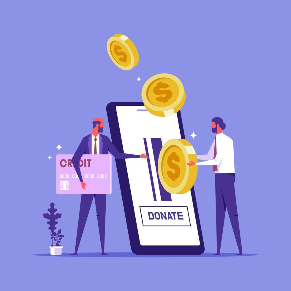 geld doneren door online betalingen. liefdadigheidsinzamelingsconcept, mensen doneren online geld met smartphone vector