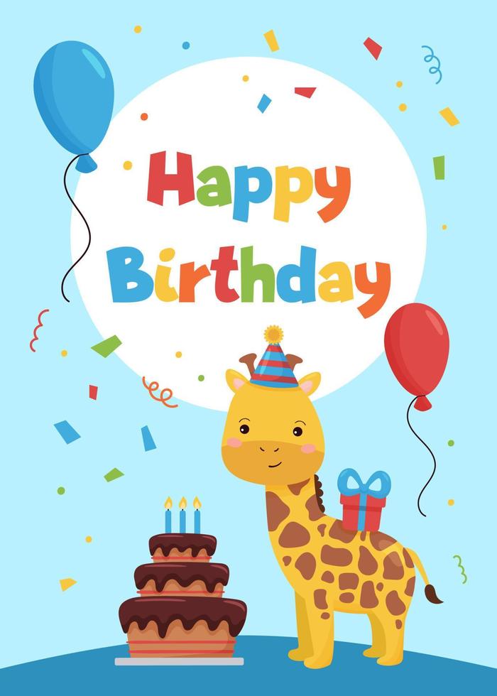 kaartensjabloon voor uitnodigingen voor verjaardagsfeestjes en wenskaarten. schattige cartoongiraf met cake, ballonnen en cadeau. Afrikaanse dieren. vectorillustratie. vector