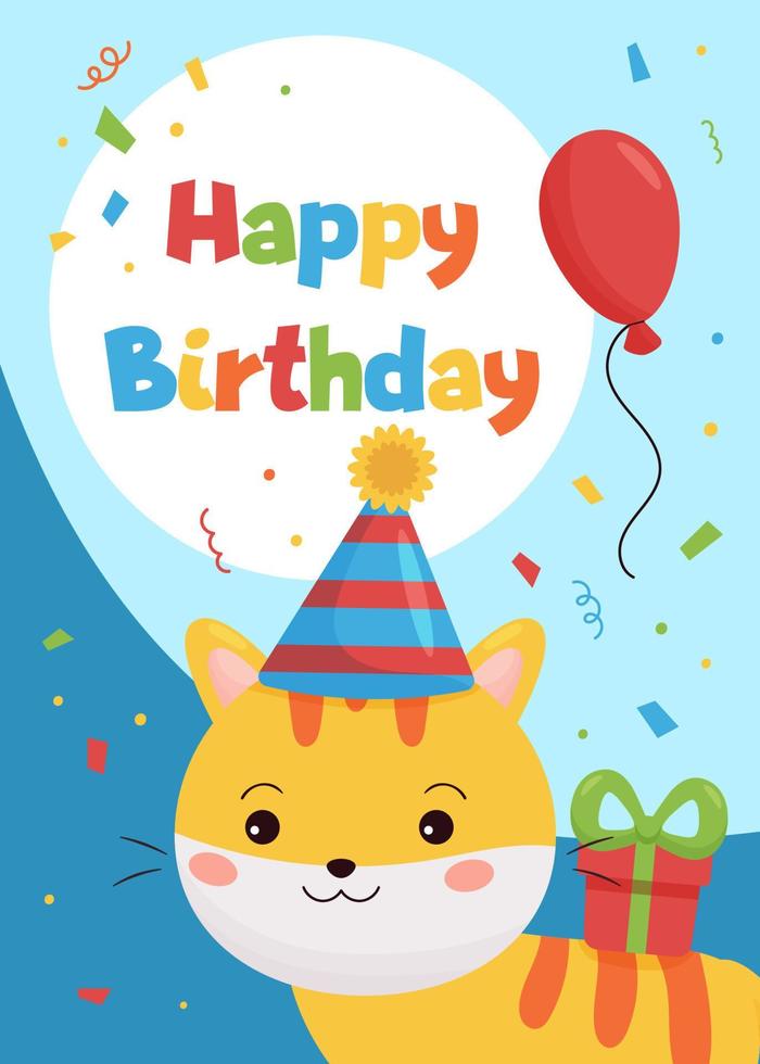 schattig cartoon huisdier op verjaardag wenskaart voor kinderen. kawaii kat met cadeau en ballon. ideaal voor het afdrukken op posters en uitnodigingen. vector