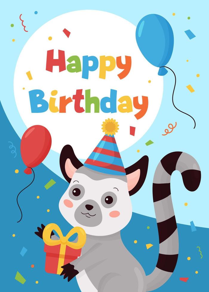 gelukkige verjaardag wenskaart voor kinderen. schattige cartoon maki met cadeau en ballonnen. jungle dieren. vector