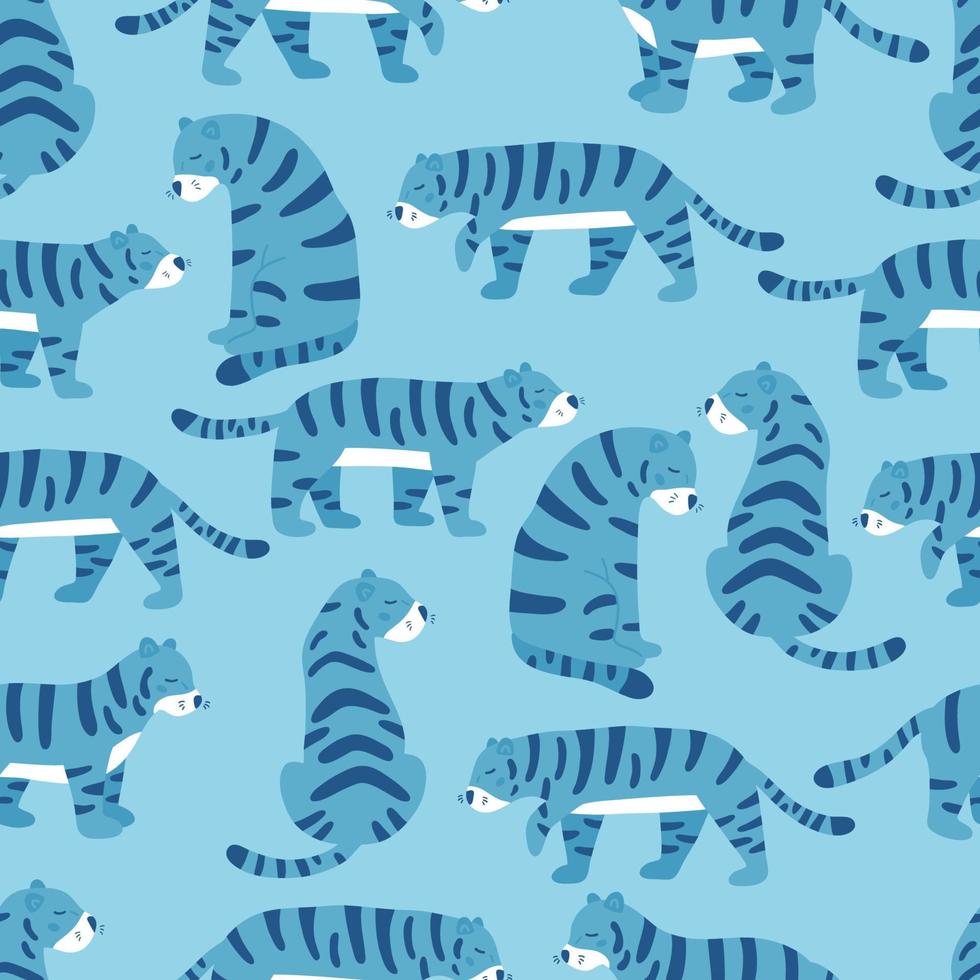 naadloos patroon met blauwe tijgers. nieuwjaar symbool. jungle dieren. wilde katten. cartoon vlakke stijl vectorillustratie. vector