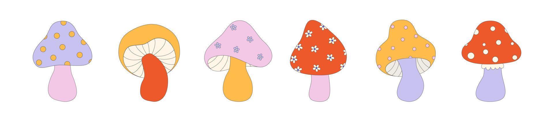 collectie met paddestoelen pop kleurstijl plat ontwerp jaren 70. coole trendy retro van hipster retro coole psychedelische elementen. trend vectorillustratie. vector