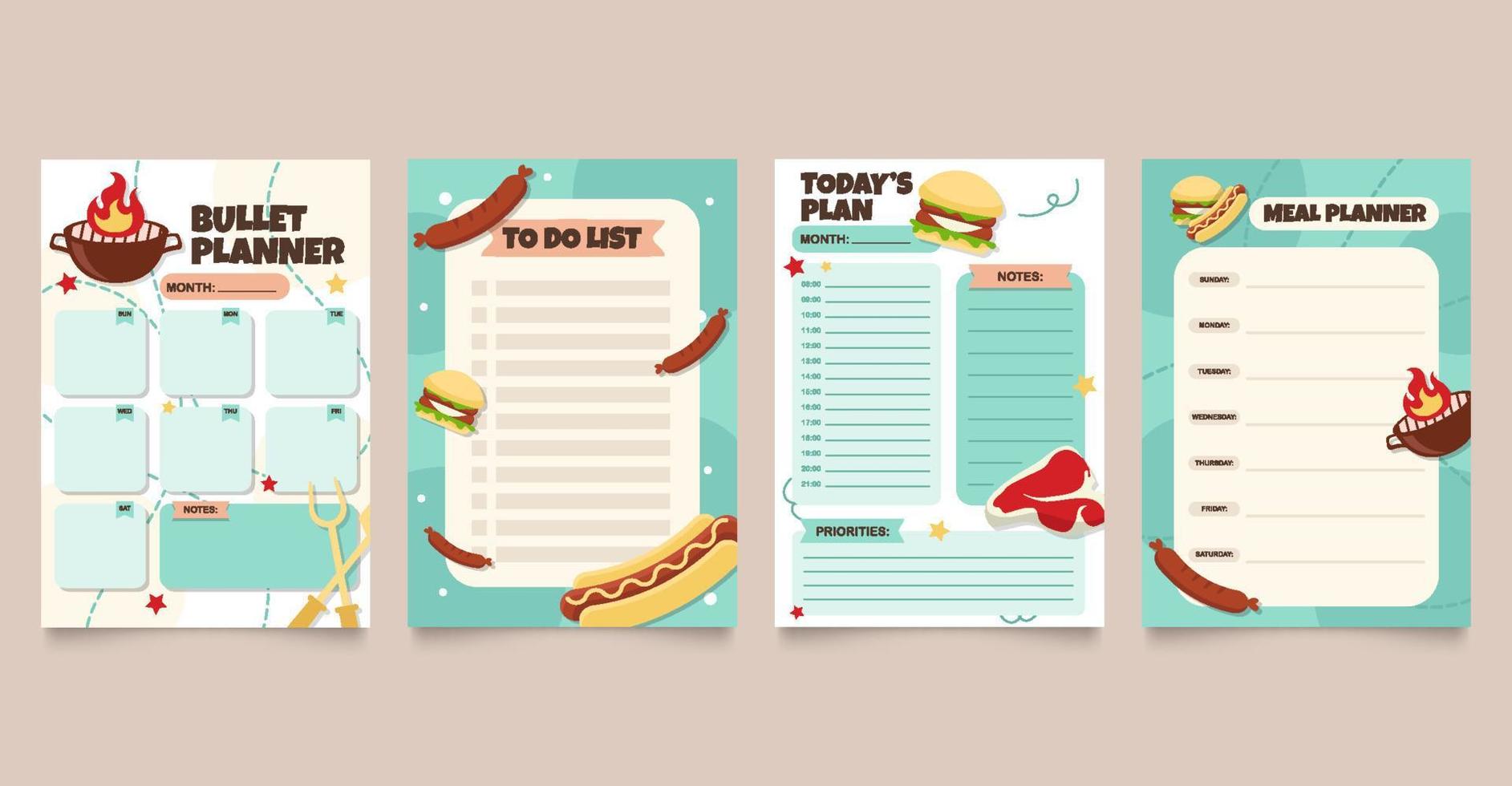 barbecue dagboek planner sjabloon set vector