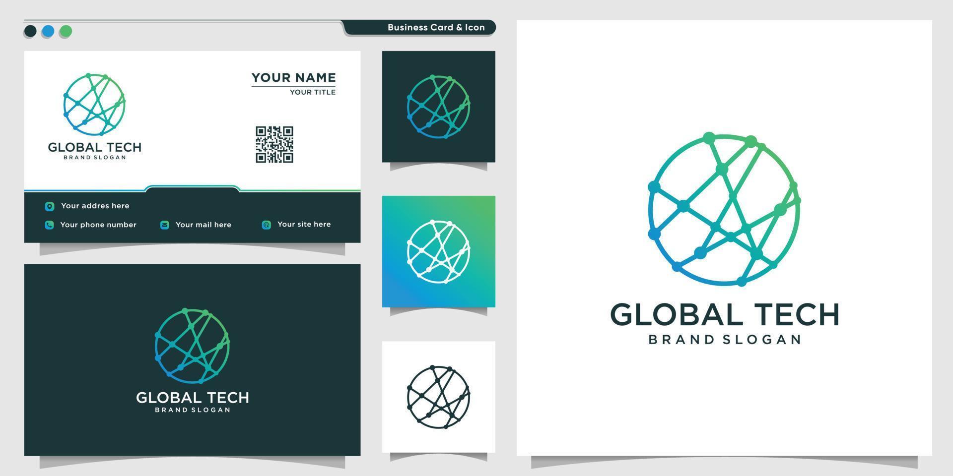 wereldwijde tech logo sjabloon met lijn kunst concept premium vector