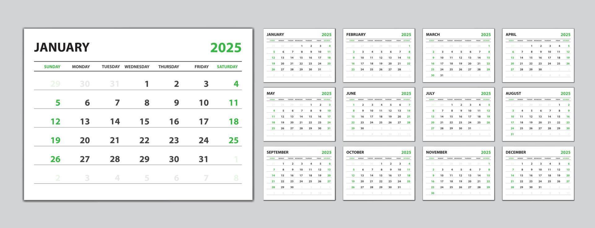 set bureaukalender 2025 jaar, kalender 2025 sjabloon vector