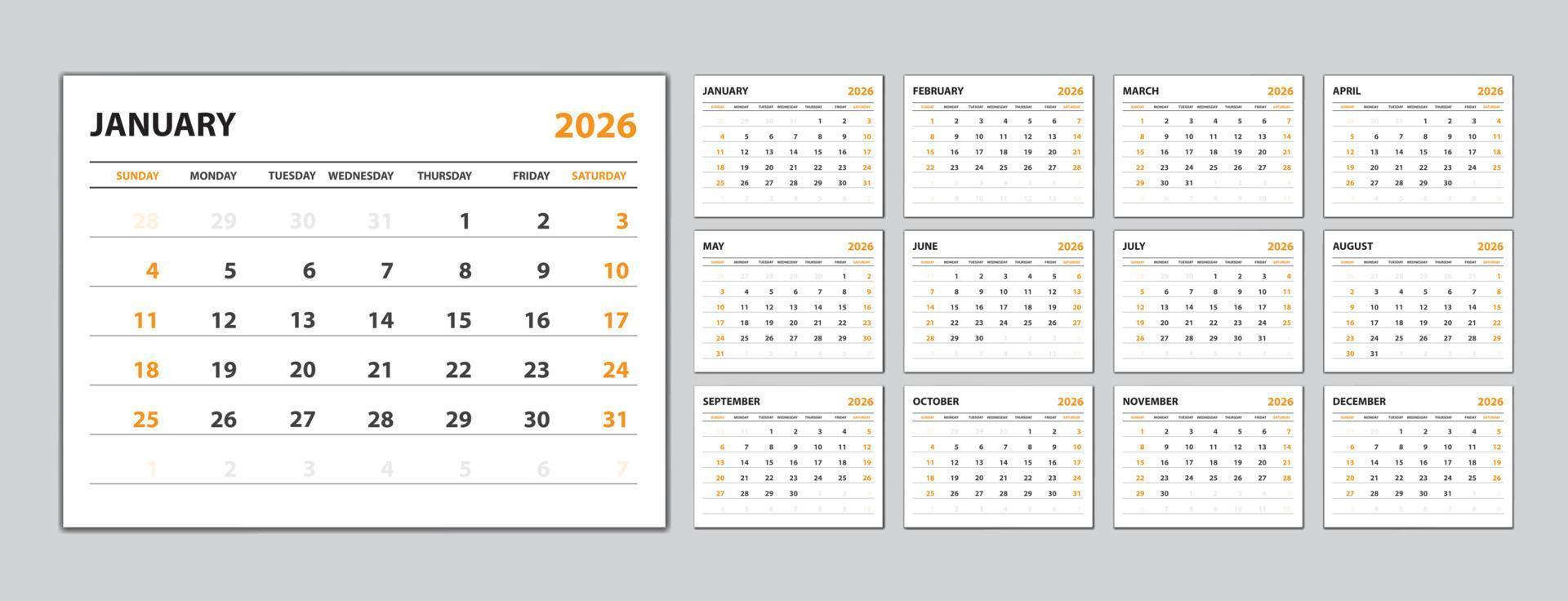 set bureaukalender 2026 jaar, kalender 2026 sjabloon vector