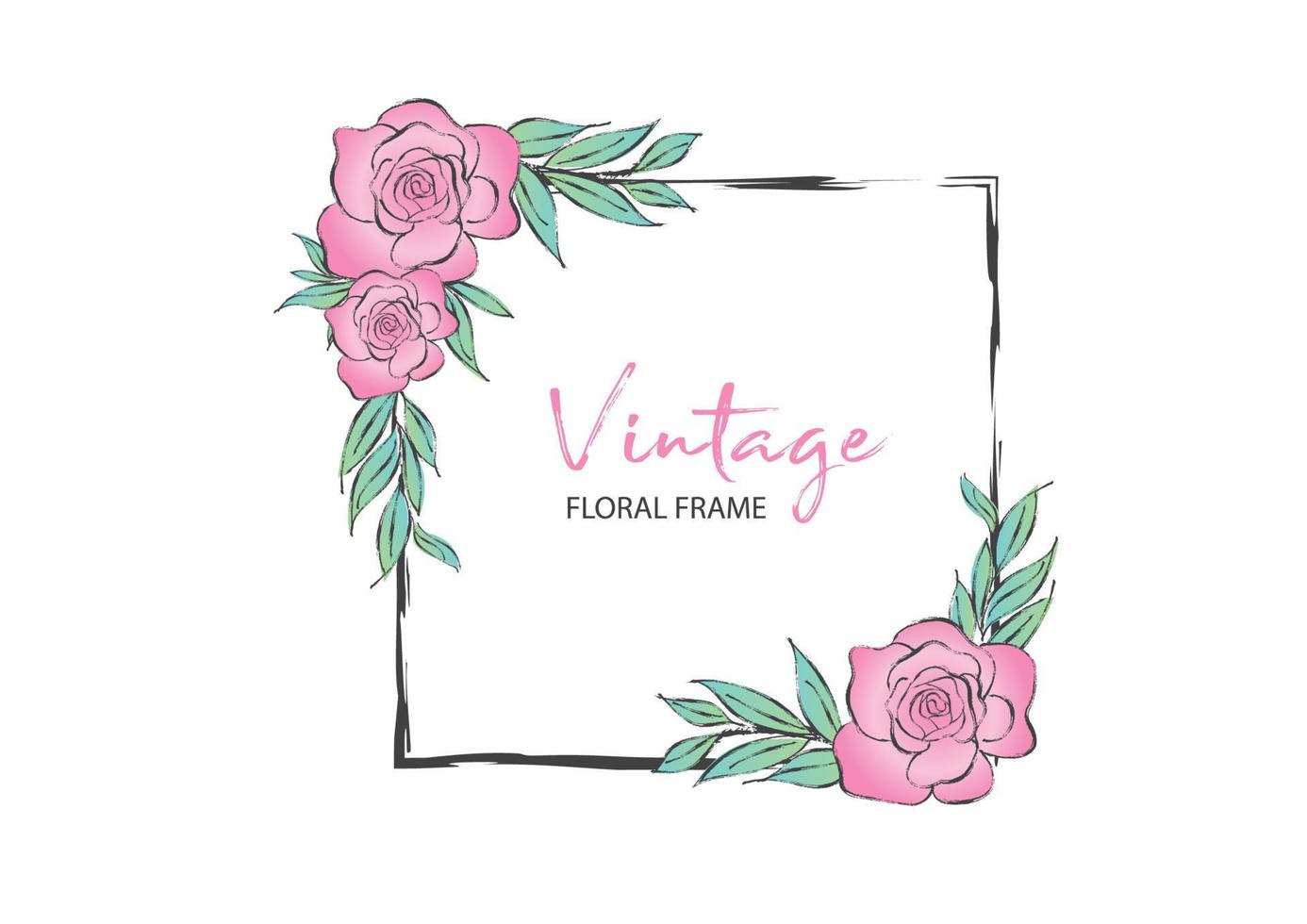 vintage vierkante frame met roze roos vectorillustratie kan worden gebruikt voor uitnodiging, bruiloft, wenskaarten, bloemen frame, roos schilderij vector