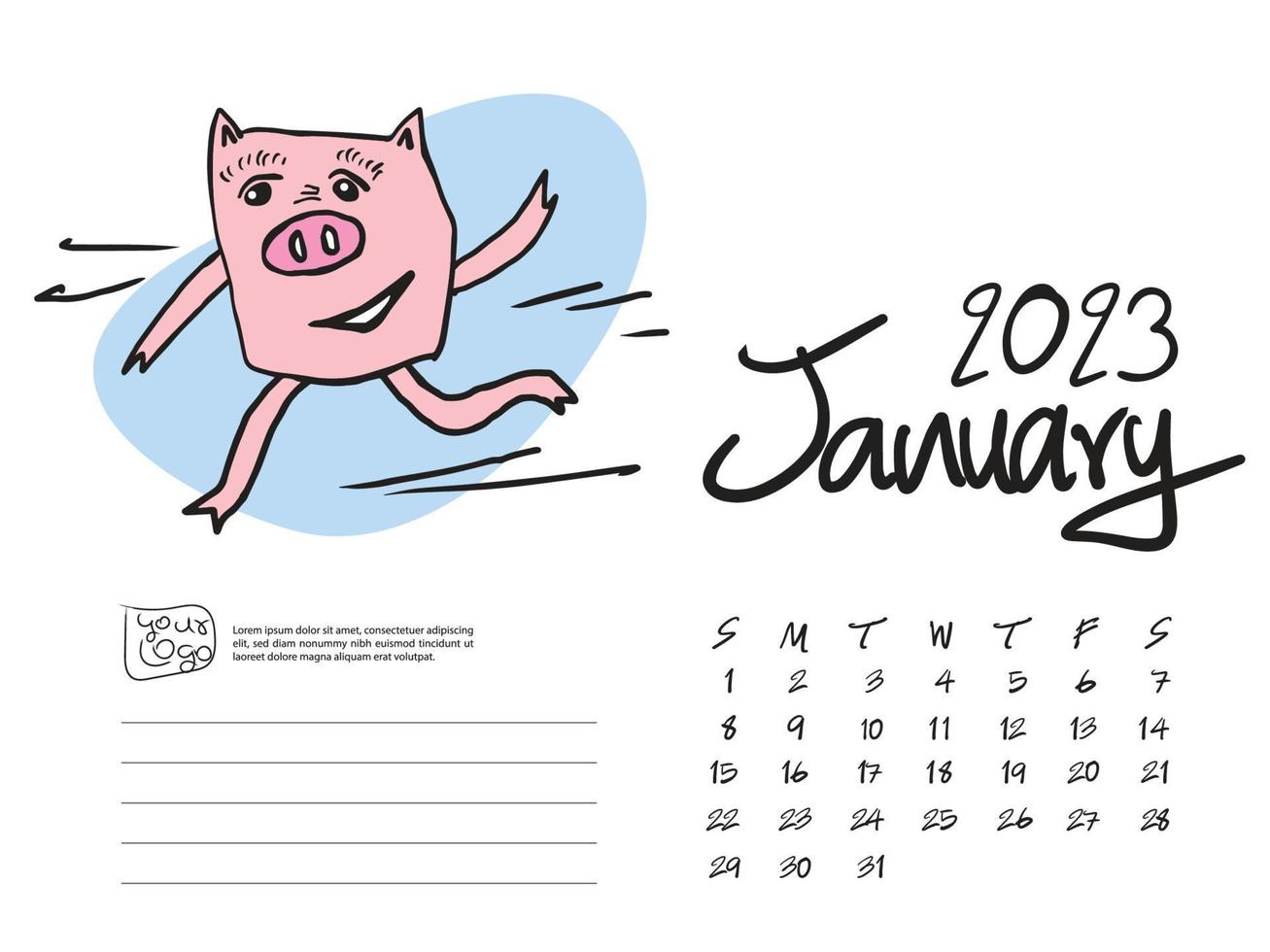 kalender 2023 ontwerpsjabloon met schattige varken vectorillustratie, januari 2023, belettering, bureaukalender 2023 lay-out, planner, wandkalendersjabloon, varken stripfiguur, vakantie-evenement vector