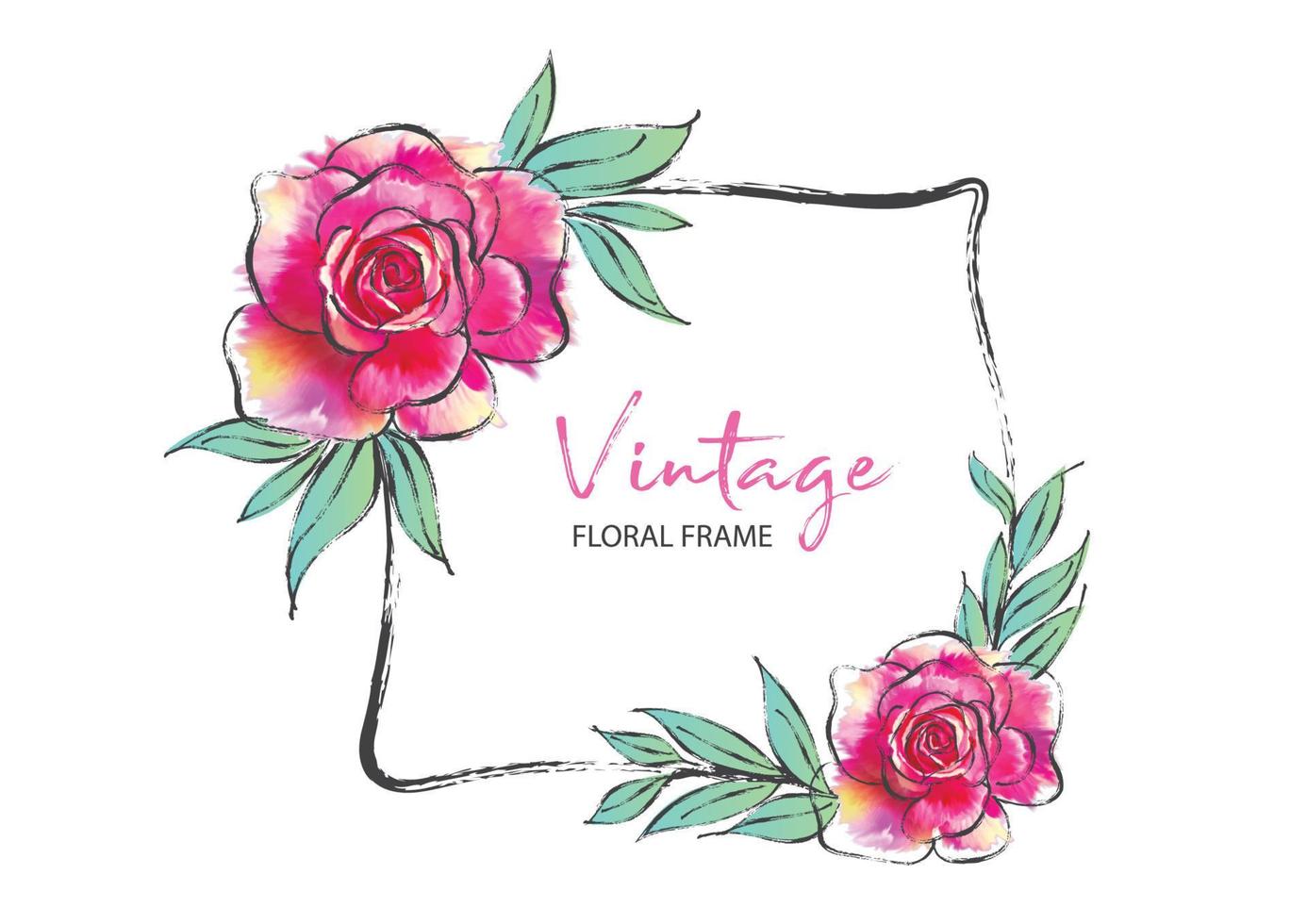 vintage vierkante frame met roze roos vectorillustratie kan worden gebruikt voor uitnodiging, bruiloft, wenskaarten, bloemen frame, roos schilderij vector