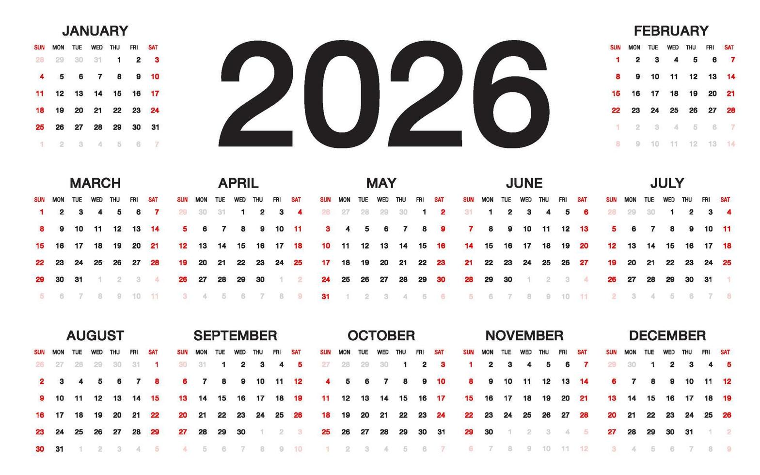 kalender 2026 sjabloon vector