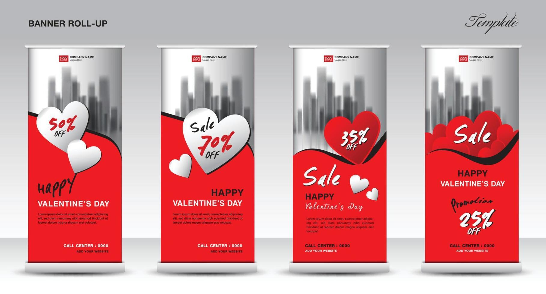 roll-up banner staan sjabloonontwerp voor Valentijnsdag, promotie-sjabloon voor spandoek, x-banner, optrekken, vakantie-evenementen, display, j-vlag, advertentie, rood hart achtergrond creatief concept, vector. vector