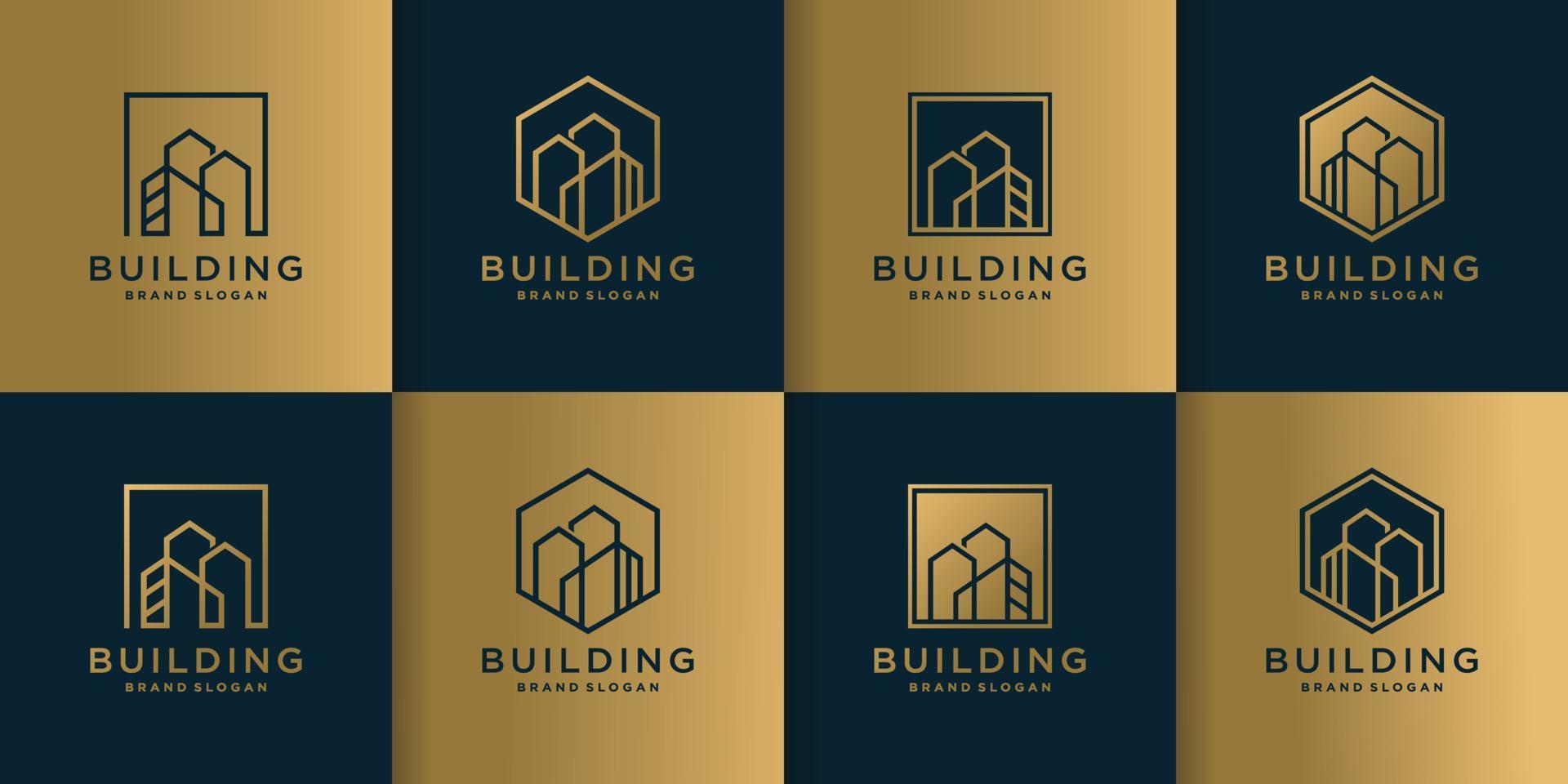 set gouden gebouw logo met moderne lijn kunststijl premium vector