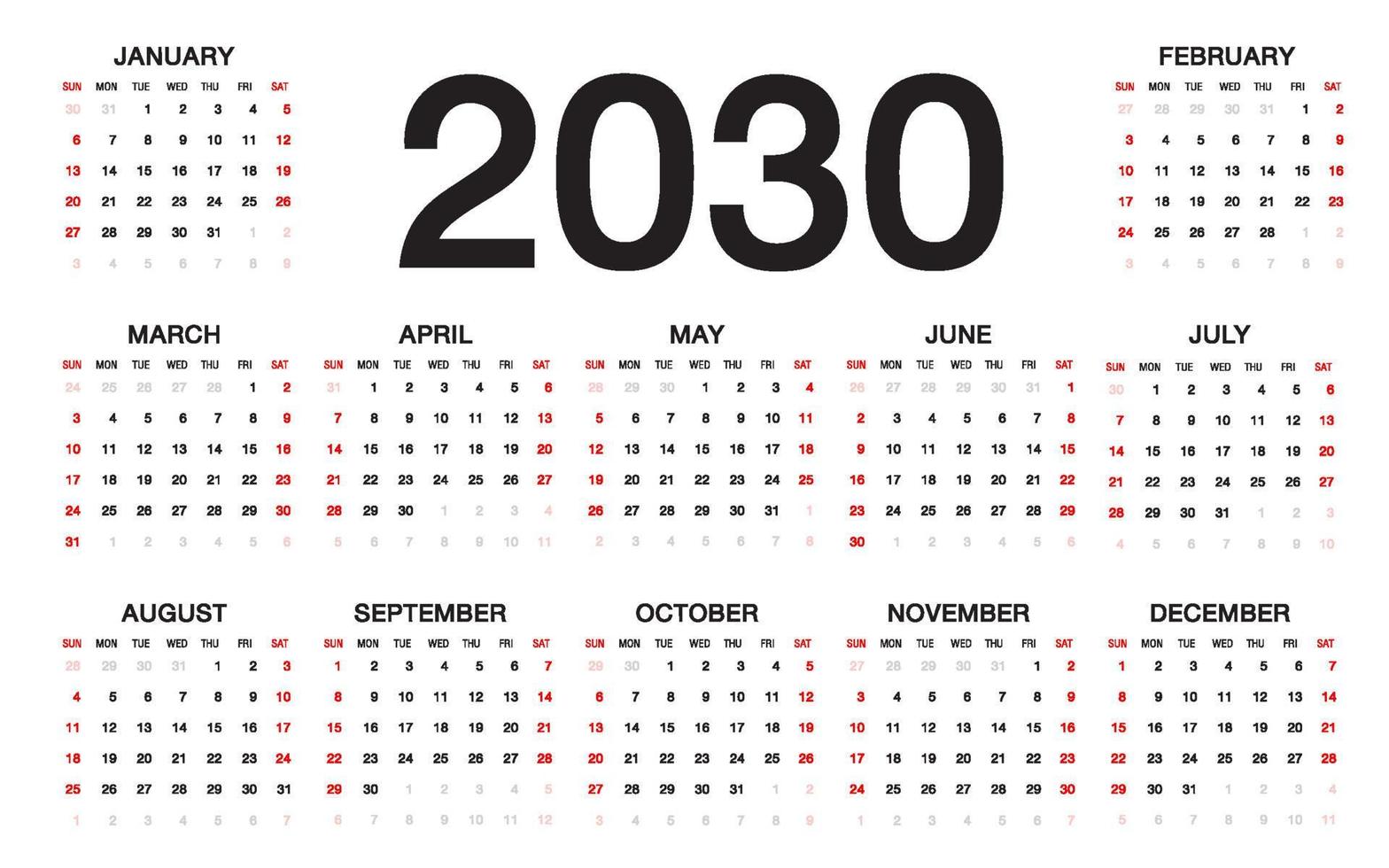 kalender 2030 sjabloon vector