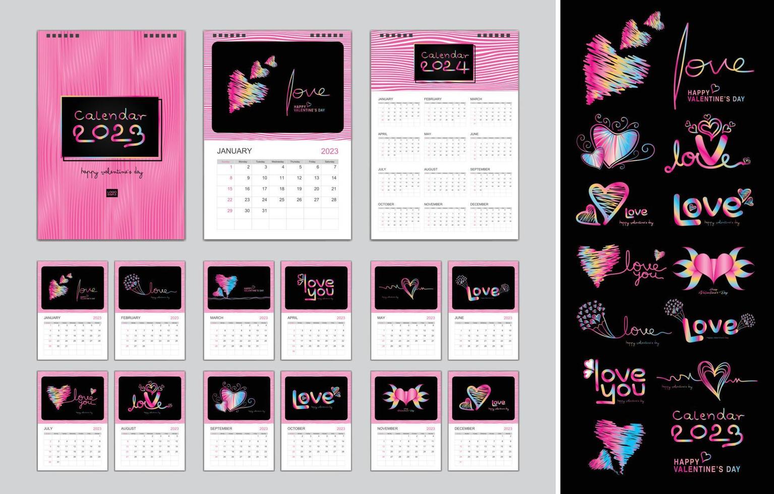 kalender 2023 sjabloon voor vakantie, happy Valentijnsdag concept, bureaukalender 2023 jaar, wandkalender 2024 ontwerp, planner, poster, afdrukken, Valentijnsdag element, harten en liefde tekst vector