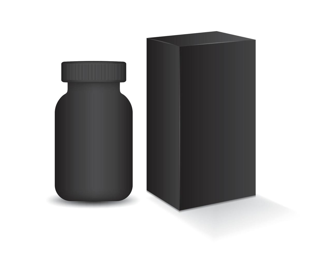 3D-supplement fles met witte doos mockup vectorillustratie. 3d plastic pillendoos, witte medische container. gezondheidszorg fles sjabloon. realistische 3D-mock-up. productontwerp. cosmetisch pakket. vector