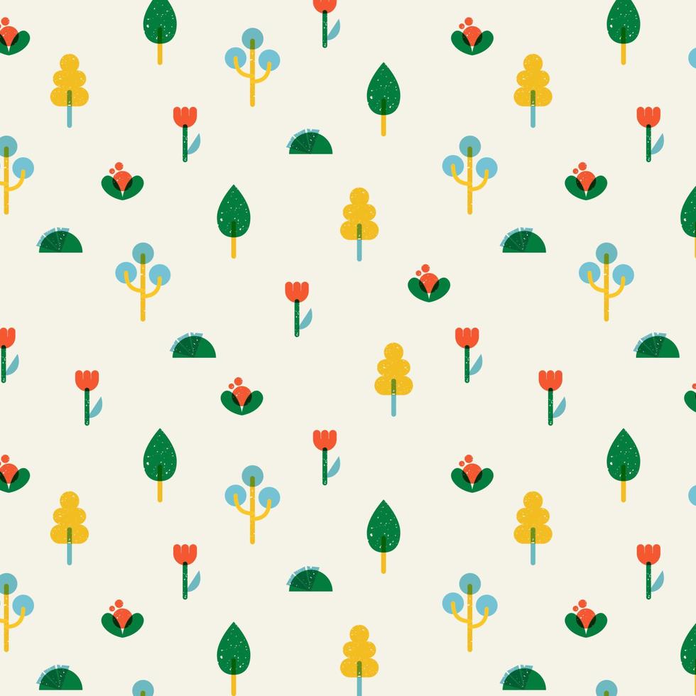 vintage bloemenpatroon op een beige achtergrond. naadloos patroon van bloemen, bomen, struiken in de hoofdkleuren. illustratie in retro platte ontwerpstijl. vector