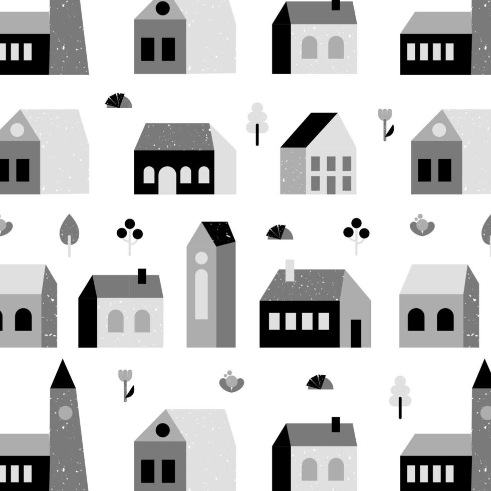 patroon met kleine huisjes in zwart-wit met planten. contrasterende appartementsgebouwen met ramen in vlakke stijl. vectorillustratie. vector