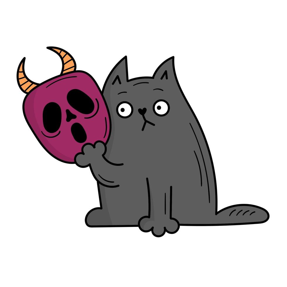 de grijze kat houdt een eng masker vast. Halloween kostuum. doodle stijl illustratie vector