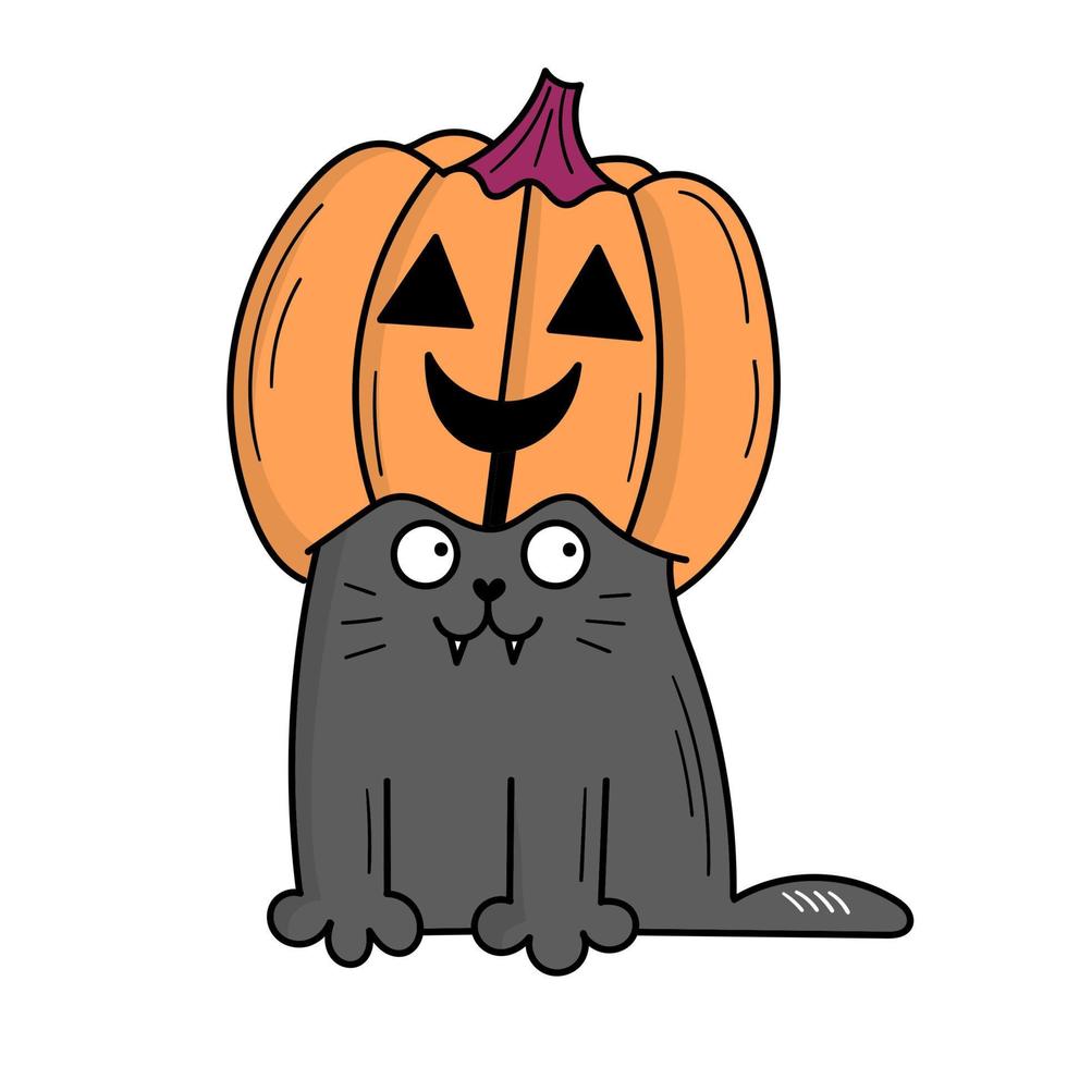 schattige grijze kat met een pompoen op zijn hoofd. Halloween kostuum. doodle stijl illustratie vector