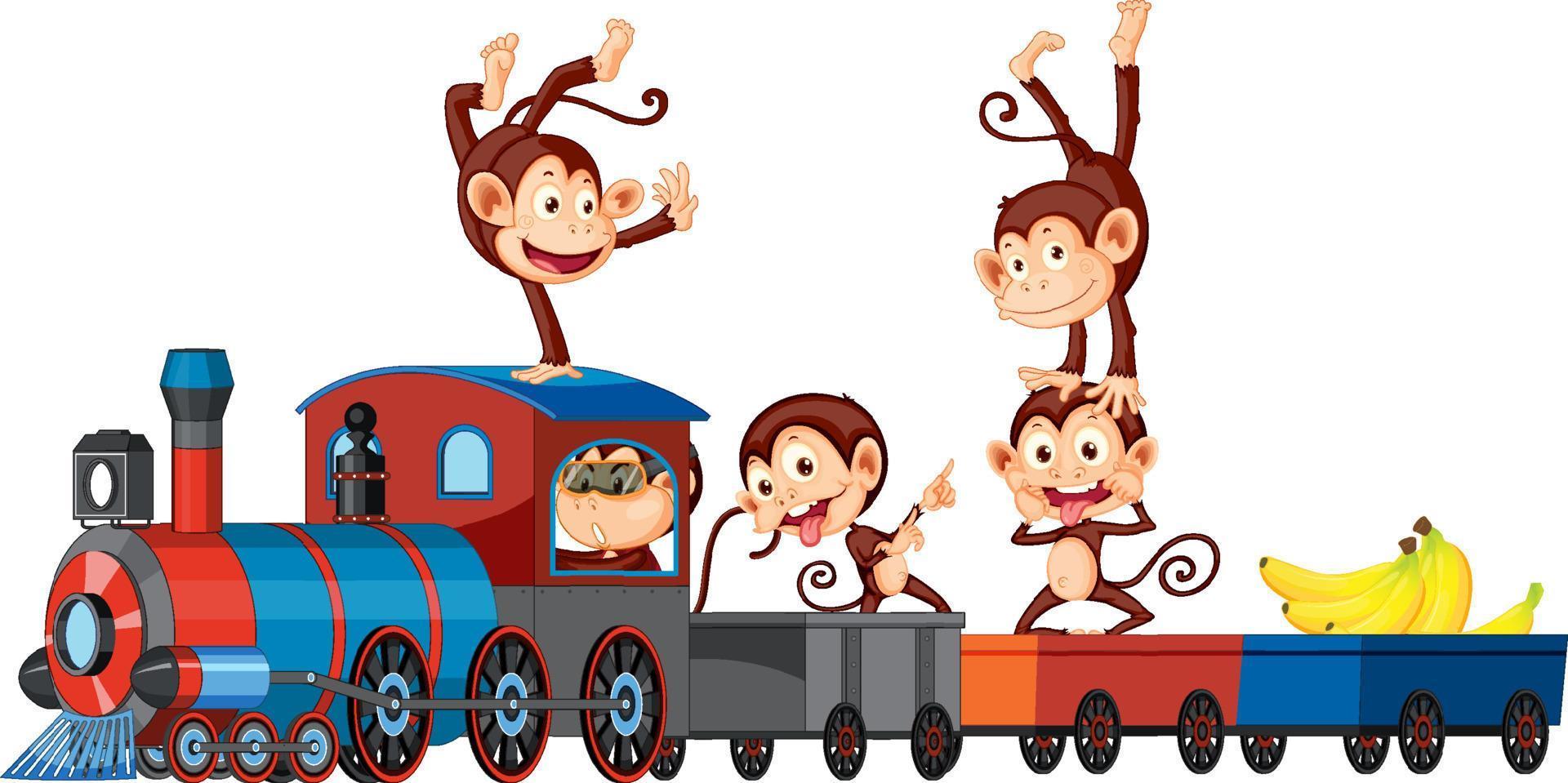 vijf apen rijden op de trein vector