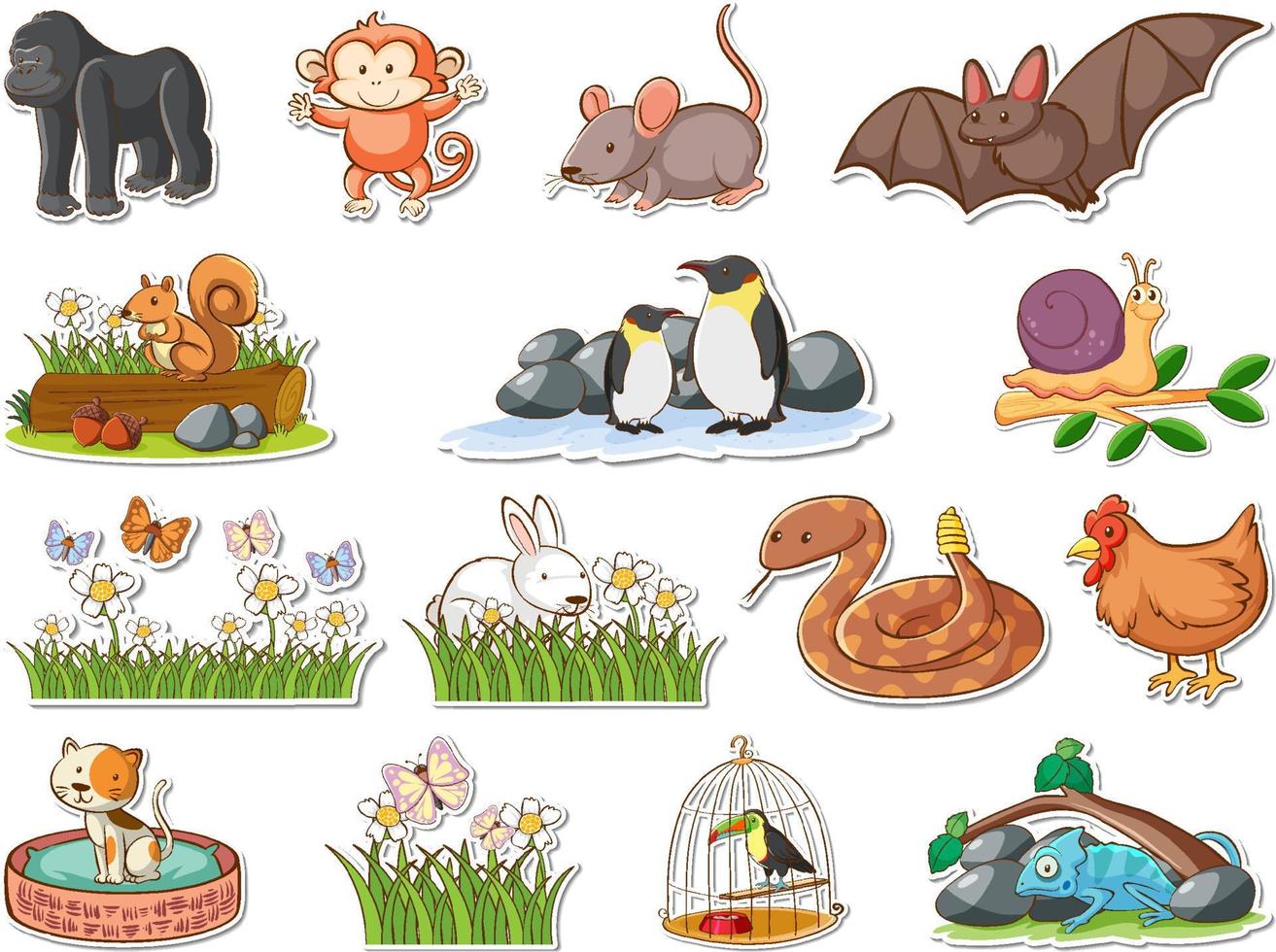 stickerset van cartoon wilde dieren vector