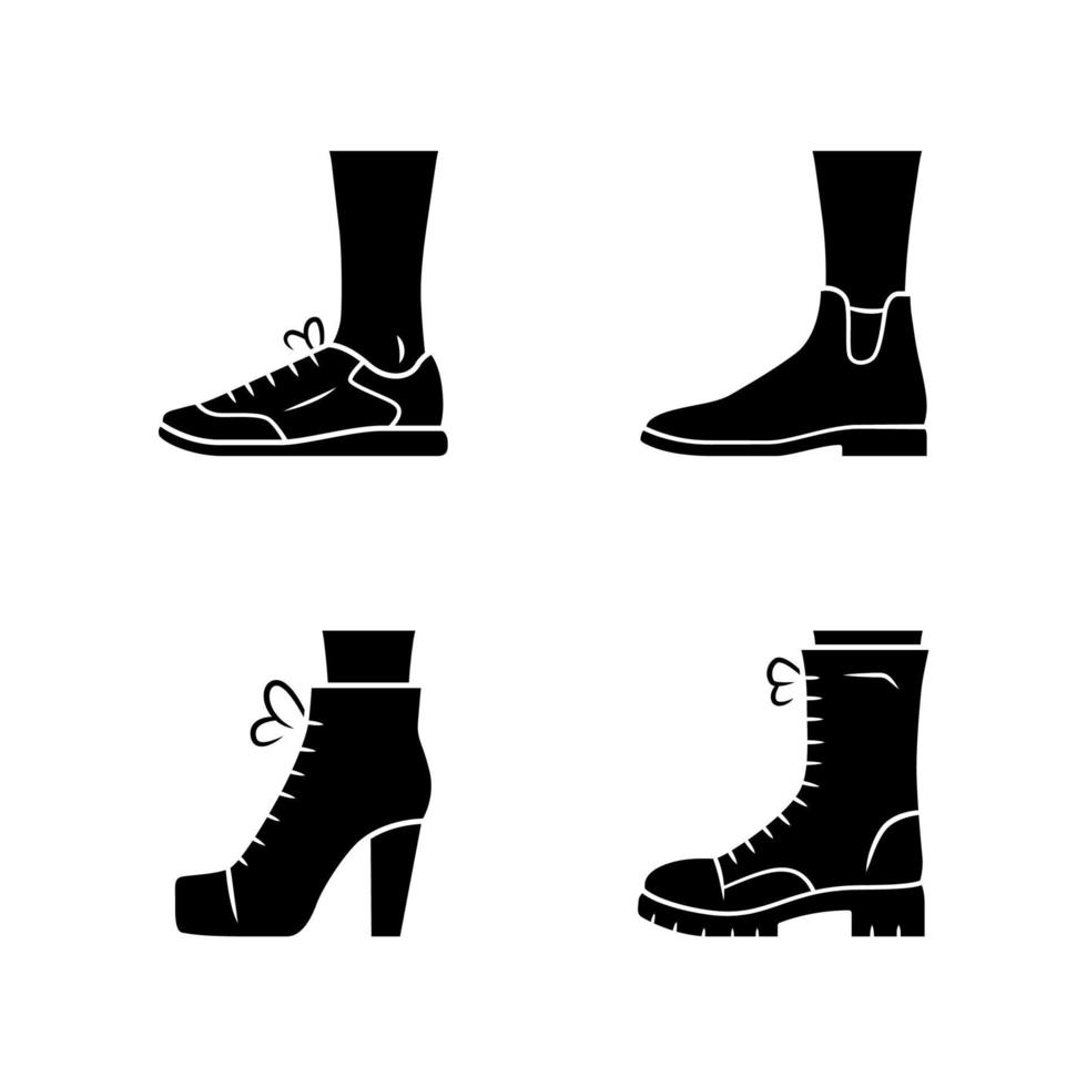 vrouwen herfst schoenen glyph pictogrammen instellen. vrouwelijke formele en casual schoenen. stijlvolle unisex sneakers, lita. lente, winter en herfst seizoen enkellaarsjes. silhouet symbolen. vector geïsoleerde illustratie