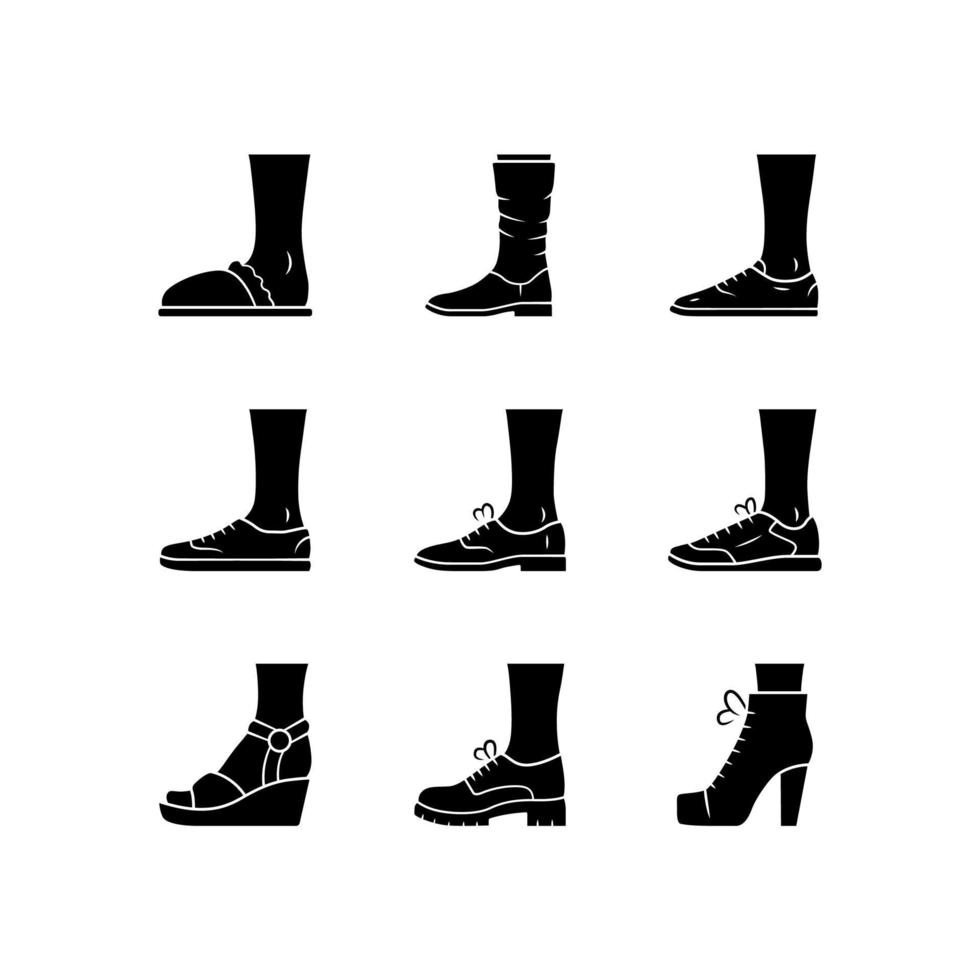 vrouwen en mannen schoenen glyph pictogrammen instellen. vrouwelijke zomer en herfst elegant schoeisel. wedges, loafers en sneakers. winter en herfst unisex laarzen. silhouet symbolen. vector geïsoleerde illustratie