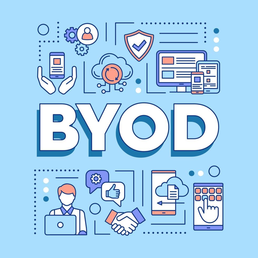 byod woord concepten banner. breng uw eigen apparaat. met behulp van persoonlijke gadgets op de werkplek. presentatie, website. geïsoleerde belettering typografie idee met lineaire pictogrammen. vector overzicht illustratie