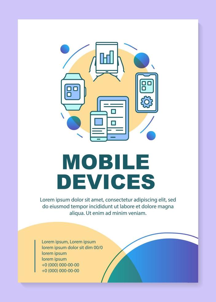 lay-out van de postersjabloon voor mobiele apparaten. smartphone en tablet. mobiele software. banner, boekje, folder afdrukontwerp met lineaire pictogrammen. vector brochure pagina-indeling voor tijdschriften, reclamefolders