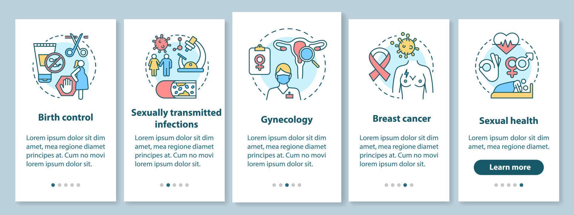 vrouwen gezondheidszorg onboarding mobiele app paginascherm met lineaire concepten. anticonceptie, borstkanker, seksuele gezondheid. walkthrough stappen grafische instructies. ux, ui, gui-sjabloon met illustraties vector