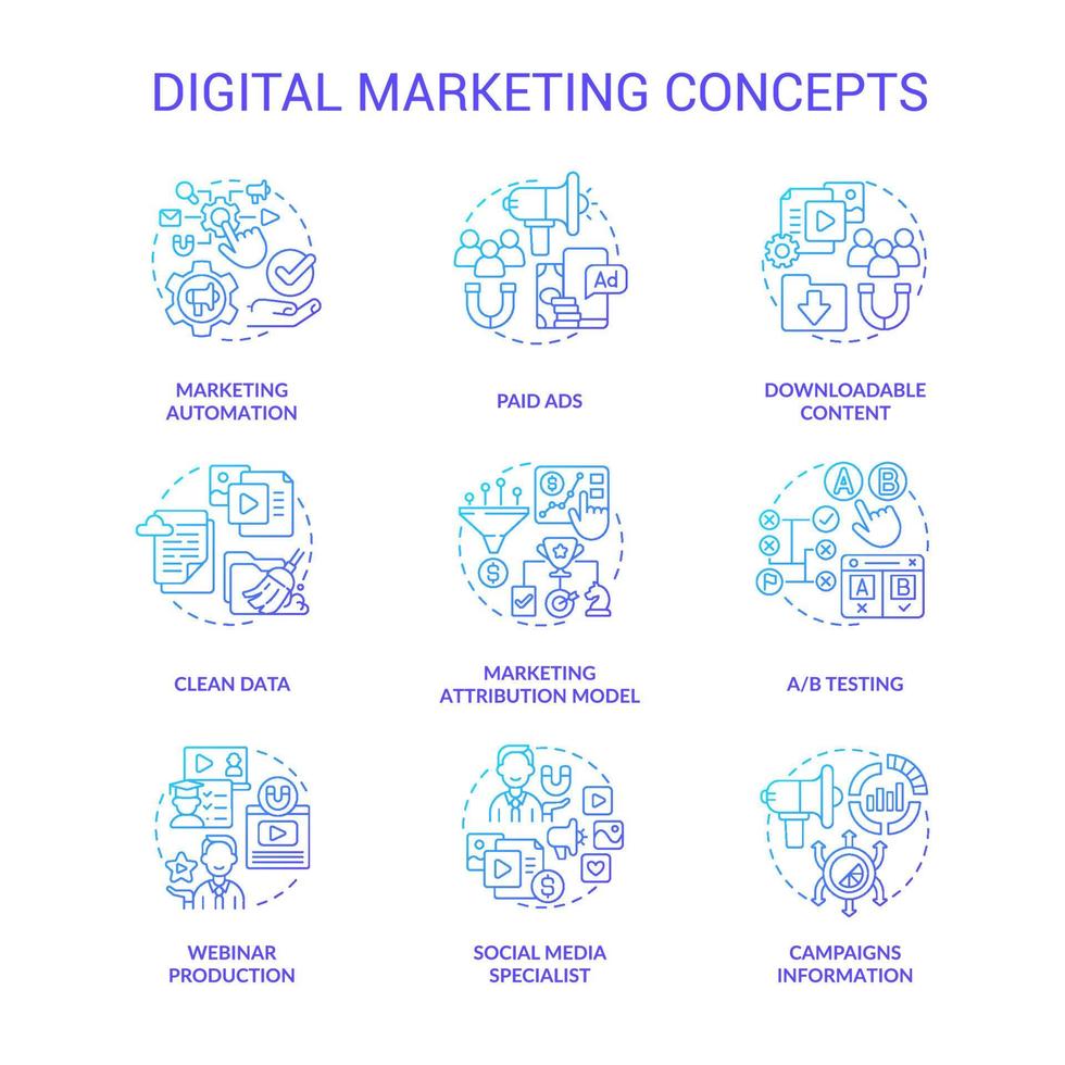 digitale marketing en strategieën blauwe gradiënt concept iconen set. boost business online idee dunne lijn kleurenillustraties. geïsoleerde overzichtstekeningen. vector