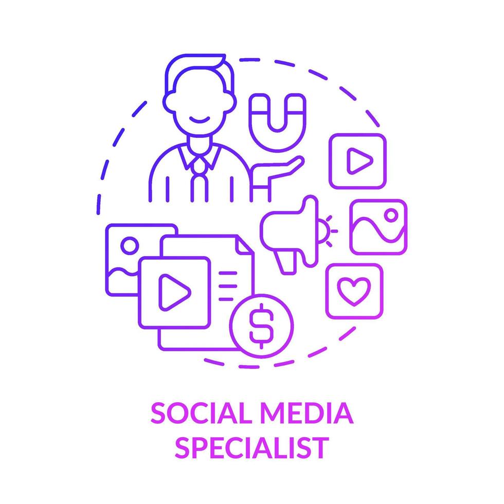 social media specialist paars kleurovergang concept icoon. digitale marketing specialist abstracte idee dunne lijn illustratie. geïsoleerde overzichtstekening. vector