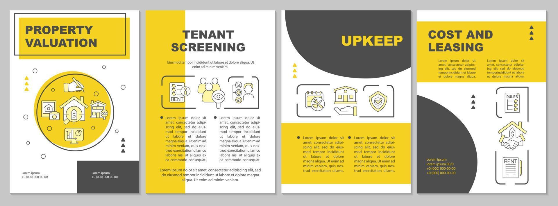 onroerend goed beheer gele brochure sjabloon. verhuur dienst. boekje afdrukontwerp met lineaire pictogrammen. vectorlay-outs voor presentatie, jaarverslagen, advertenties. arial, talloze pro-reguliere lettertypen gebruikt vector