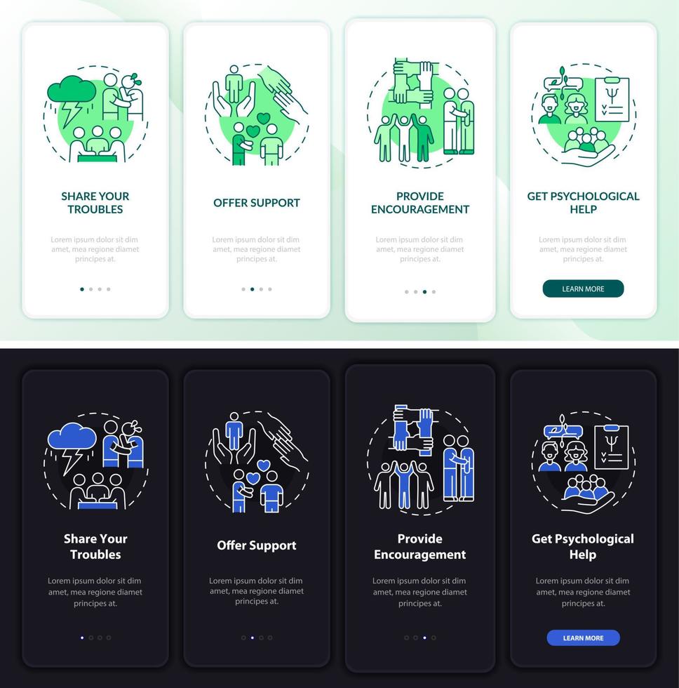 psychologische ondersteuning nacht- en dagmodus onboarding mobiele app-scherm. walkthrough 4 stappen grafische instructiepagina's met lineaire concepten. ui, ux, gui-sjabloon vector