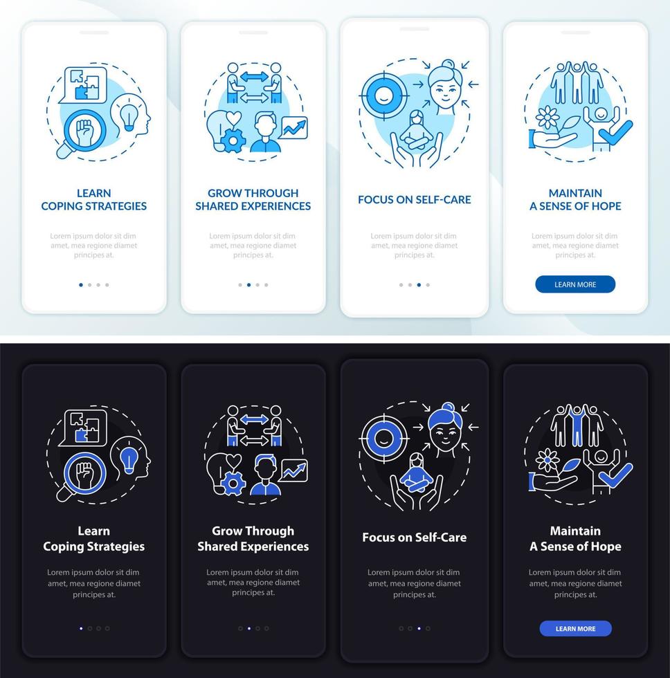 ondersteuningsgroep pro's nacht- en dagmodus onboarding mobiele app-scherm. walkthrough 4 stappen grafische instructiepagina's met lineaire concepten. ui, ux, gui-sjabloon vector