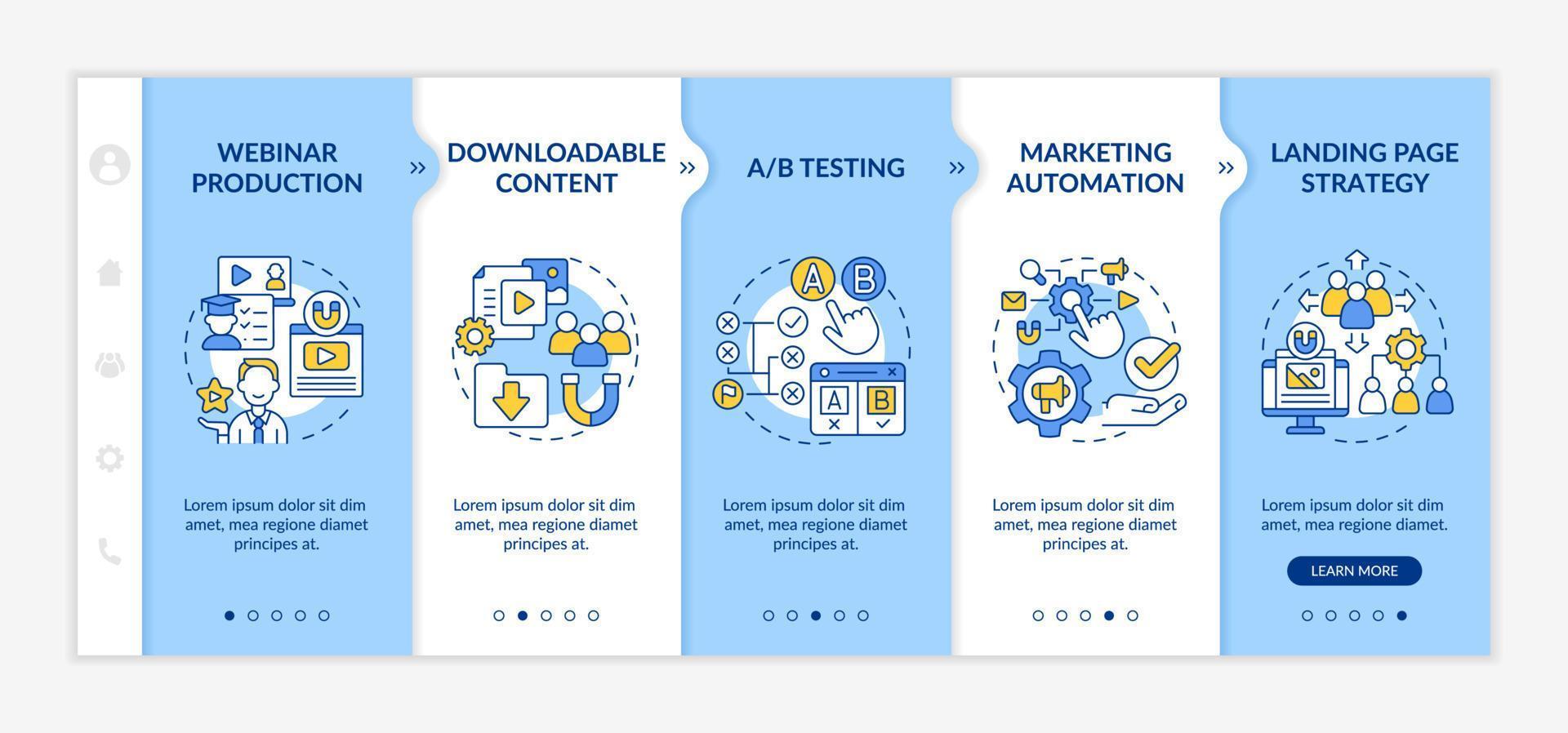 digitale marketingstrategieën blauw en wit onboarding-sjabloon. online promo. responsieve mobiele website met lineaire conceptpictogrammen. webpagina walkthrough 5 stappen schermen. vector