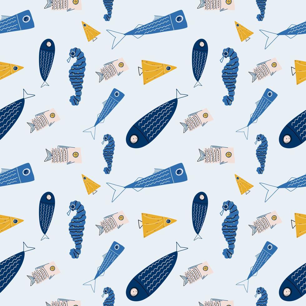 naadloos kinderpatroon met verschillende zeevissen. vector illustratie