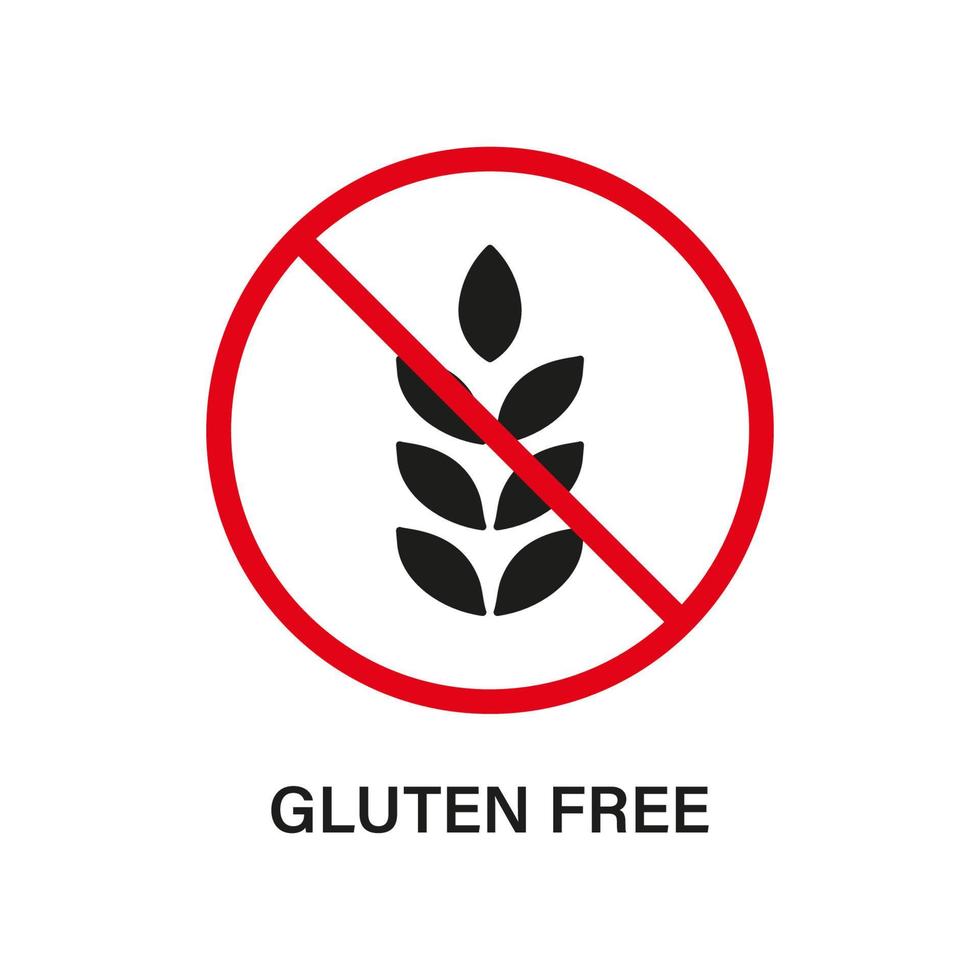 geen gluten voedsel dieet. glutenvrij silhouet zwart pictogram. allergie tarwe verboden symbool. gluten voedingsverbod logo. biologisch graan rood stopbord. allergisch voor tarwe icoon. geïsoleerde vectorillustratie. vector