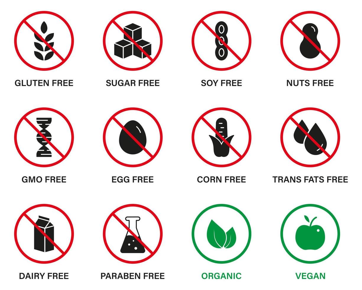 biologisch natuurlijk voedsel voor veganistisch symbool. silhouet ingesteld zwart pictogram. suiker, ggo, zuivel, nitraten, transvet, suiker, soja, suiker, maïs, melk, parabenen en gluten verboden teken. vectorillustratie. vector