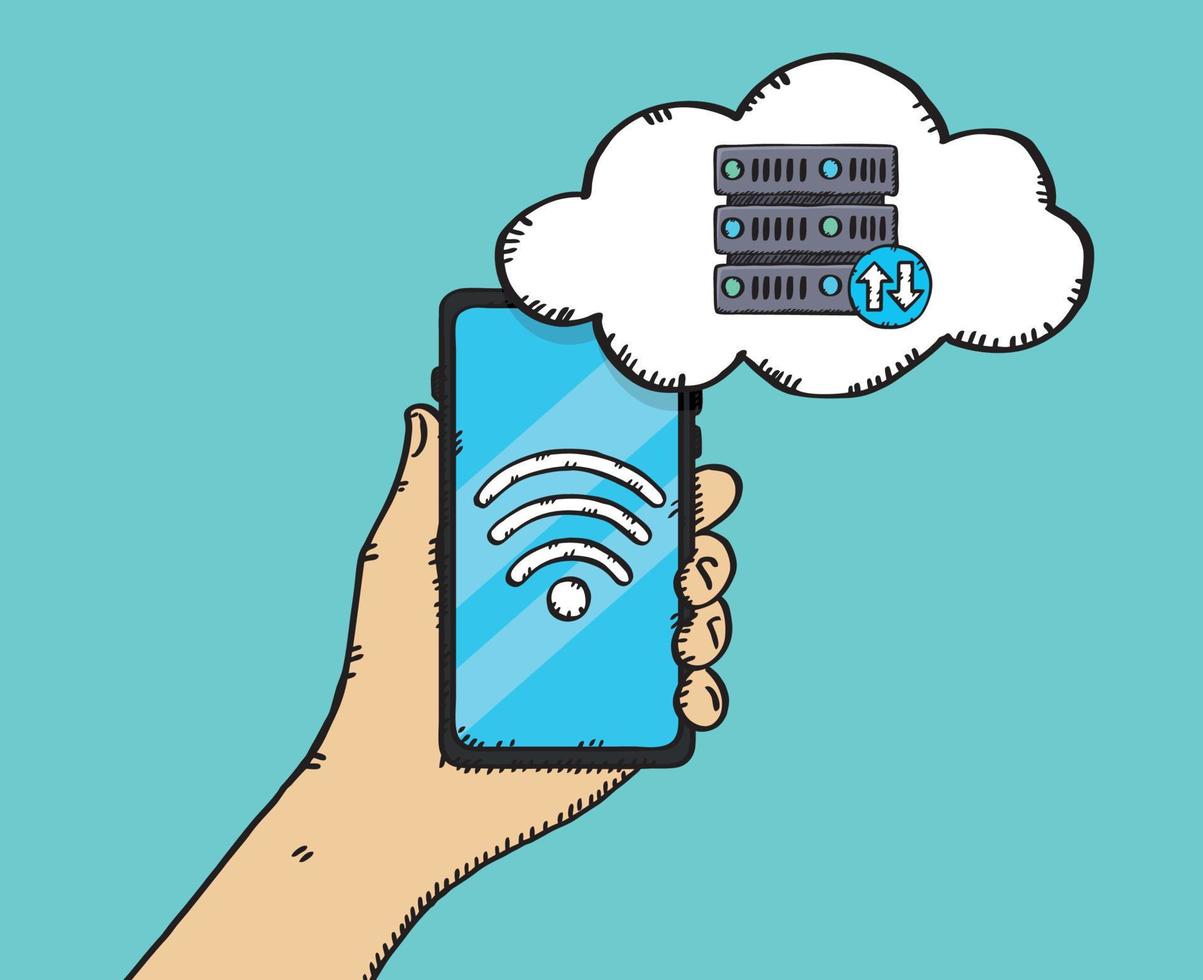 vectorillustratie van een hand die een telefoon vasthoudt met een verbinding met een cloudserver. vector