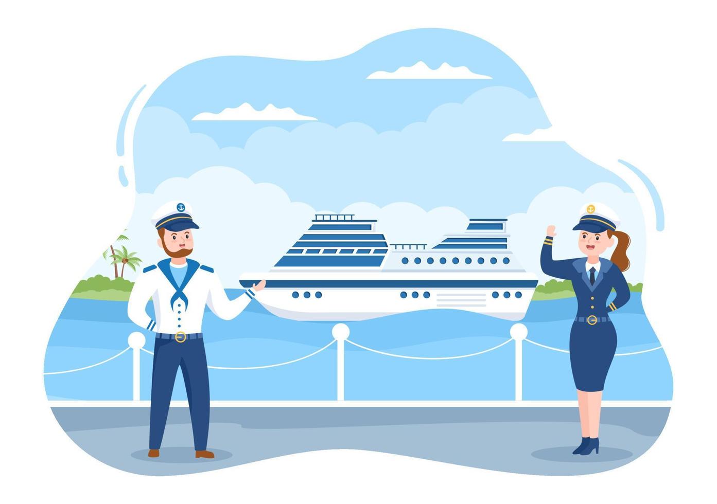 cruiseschip kapitein cartoon afbeelding in zeemansuniform rijden op een schip, kijkend met een verrekijker of staand op de haven in plat ontwerp vector