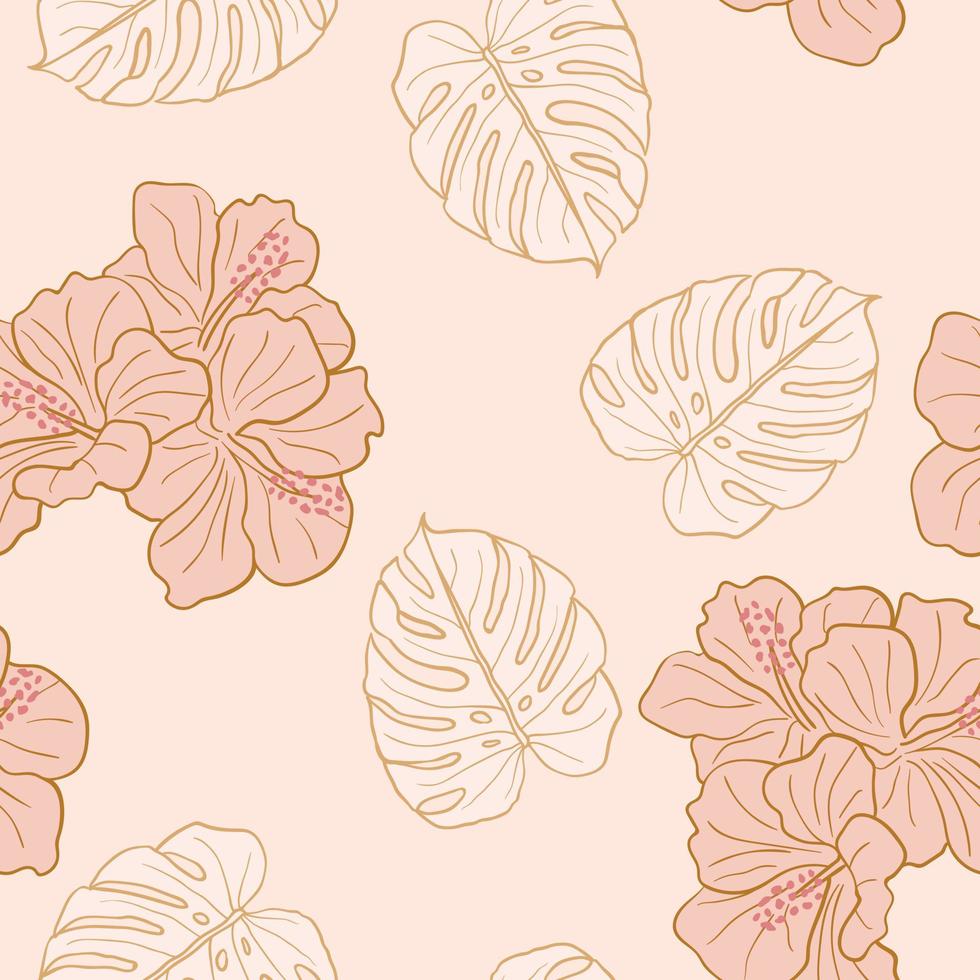 hibiscus bloemen en bladeren naadloze patroon achtergrond. tropische natuur inpakpapier of textielontwerp. mooie print met handgetekende exotische bloem. vector