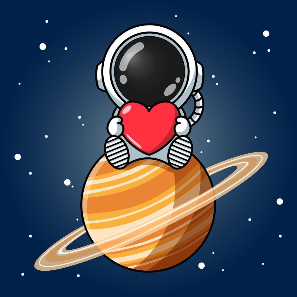 schattige astronaut met liefdeshart op de saturnus vector