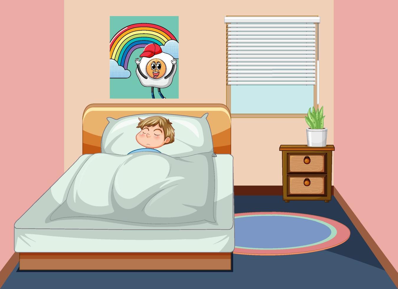 een slapende jongen op het bed in de slaapkamer vector