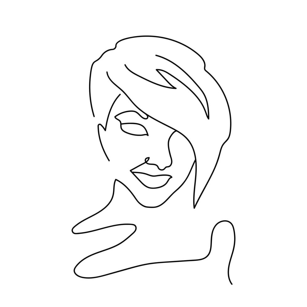 een portret van een jonge vrouw in één regel. schets van mooi gezicht. mooie look, mode kapsel. minimalistisch kunstelement. vectorillustratie op witte achtergrond vector