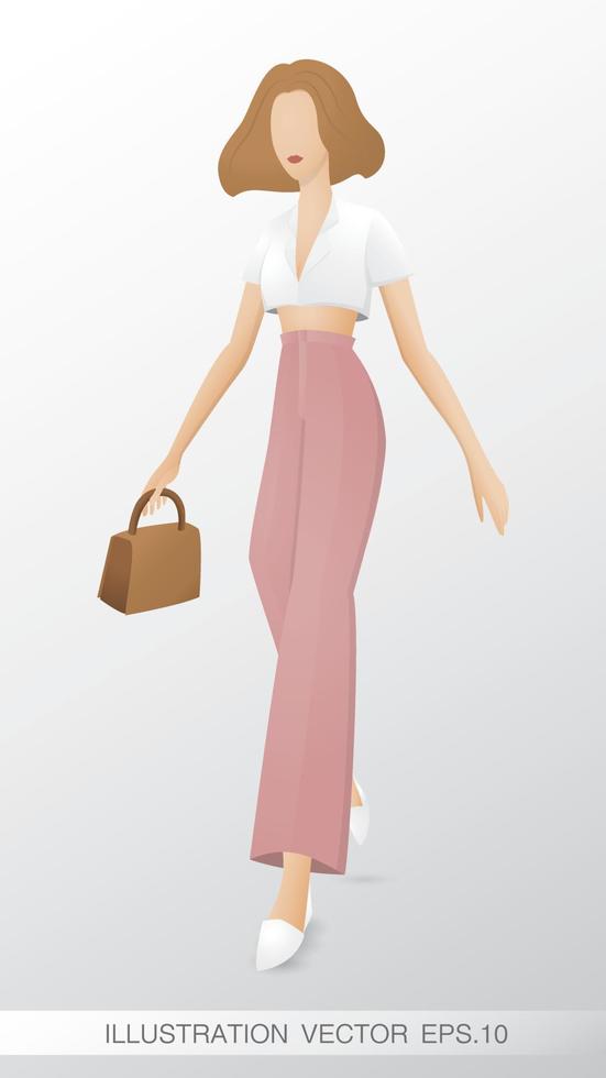 wandelende mode vrouw draagt een lange broek met crop top shirt en houdt een bruine handtas illustratie vector. vector