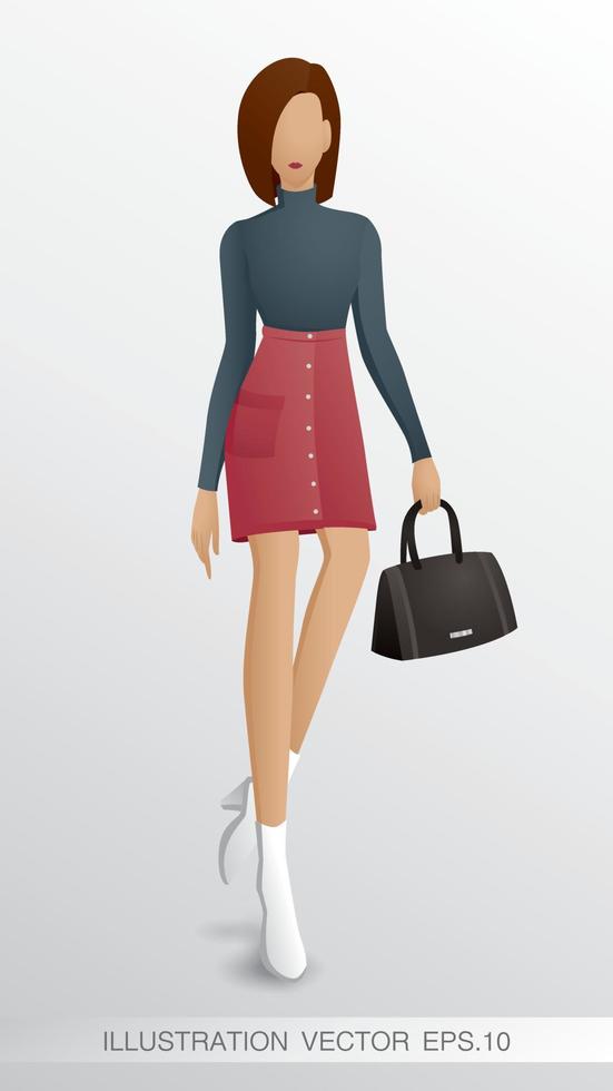 wandelende vrouw met kort haarmode draagt een shirt met hoge hals en minirok en draagt de chique handtasillustratievector vector