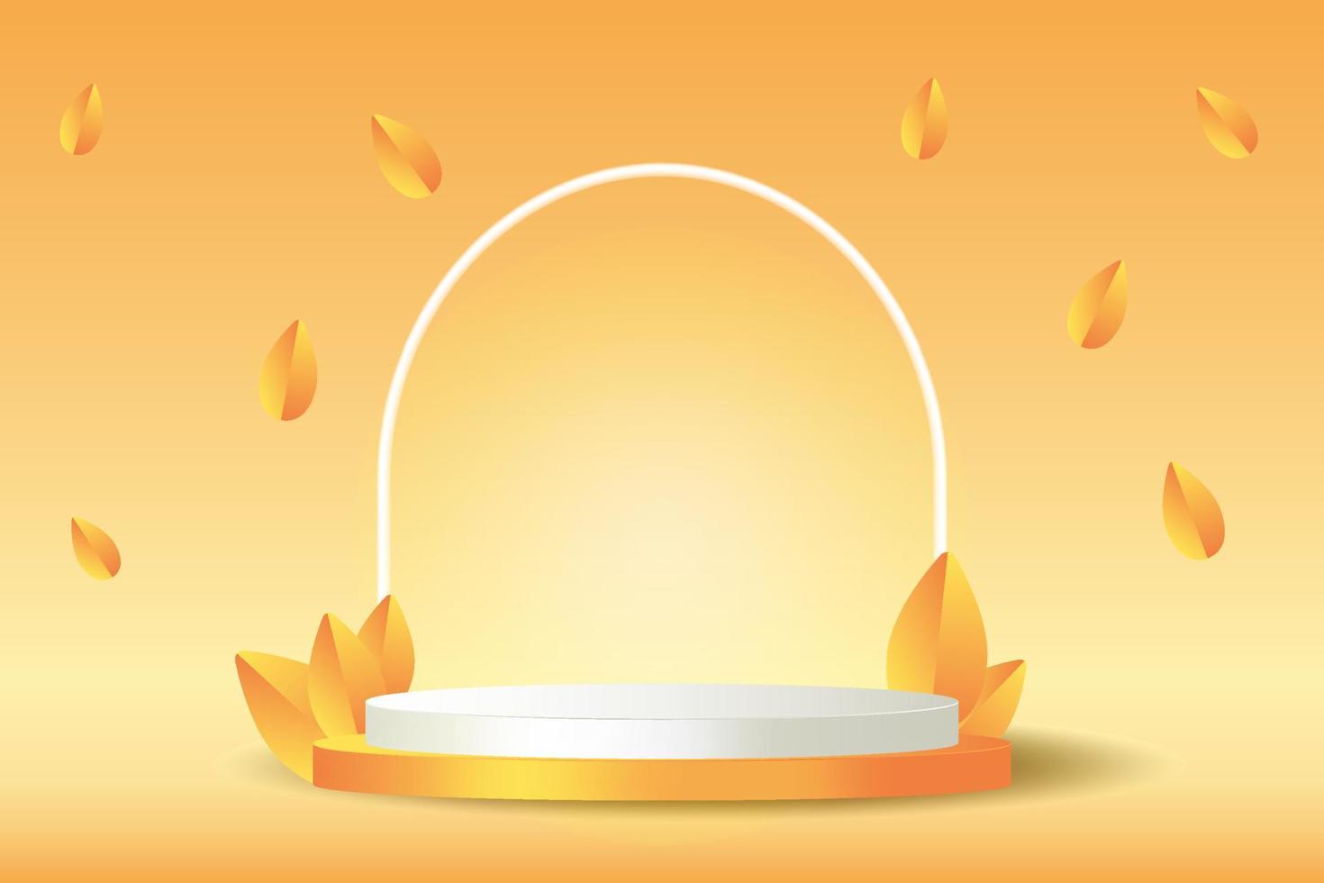herfstpodium met witte boog en bladeren. 3D render oranje product display scene. vector thanksgiving platform voor verkoopbanner. mockup voor witte cosmetische scène